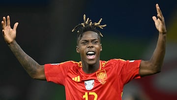 Spain's midfielder #17 Nico Williams celebrates scoring his team's first goal during the UEFA Euro 2024 final football match between Spain and England at the Olympiastadion in Berlin on July 14, 2024. (Photo by INA FASSBENDER / AFP)