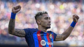 BARCELONA, SPAIN - MARCH 5: Raphinha of FC Barcelona celebrates after scoring a goal during the Spanish League football Match between FC Barcelona vs Valencia CF at the Camp Nou stadium in Barcelona on March 5, 2023. (Photo by Adria Puig/Anadolu Agency via Getty Images)