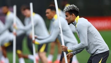 Soccer Football - Champions League - Liverpool Training - AXA Training Centre, Liverpool, Britain - October 1, 2024 Liverpool's Luis Diaz during training REUTERS/Molly Darlington