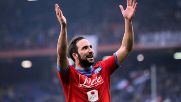 Gonzalo Higuain celebrates with Napoli fans. 