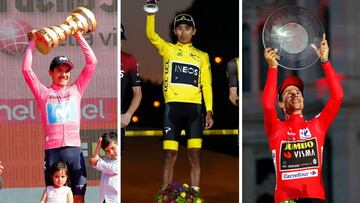 Richard Carapaz, Egan Bernal y Primoz Roglic posan con los t&iacute;tulos de campeones del Giro de Italia, Tour de Francia y Vuelta a Espa&ntilde;a respectivamente.