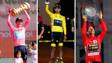 Richard Carapaz, Egan Bernal y Primoz Roglic posan con los t&iacute;tulos de campeones del Giro de Italia, Tour de Francia y Vuelta a Espa&ntilde;a respectivamente.