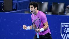 Spanish Jaume Munar celebrates after winning the men's singles first round game between Dutch Van Rijthoven and Spanish Munar at the European Open Tennis ATP tournament, in Antwerp, Tuesday 18 October 2022. BELGA PHOTO LAURIE DIEFFEMBACQ (Photo by LAURIE DIEFFEMBACQ / BELGA MAG / Belga via AFP) (Photo by LAURIE DIEFFEMBACQ/BELGA MAG/AFP via Getty Images)