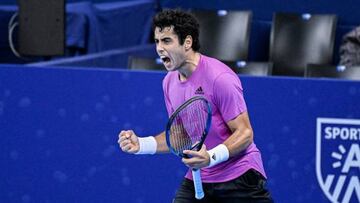 Spanish Jaume Munar celebrates after winning the men's singles first round game between Dutch Van Rijthoven and Spanish Munar at the European Open Tennis ATP tournament, in Antwerp, Tuesday 18 October 2022. BELGA PHOTO LAURIE DIEFFEMBACQ (Photo by LAURIE DIEFFEMBACQ / BELGA MAG / Belga via AFP) (Photo by LAURIE DIEFFEMBACQ/BELGA MAG/AFP via Getty Images)