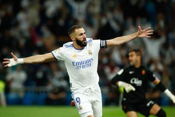 Karim Benzema of Real Madrid celebrates a goal annulled by VAR during the spanish league, La Liga Santander, football match played between Real Madrid and RCD Mallorca at Santiago Bernabeu stadium on September 22, 2021, in Madrid, Spain.   22/09/2021 ONLY