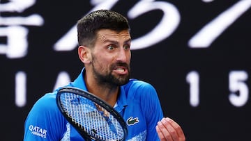 Tennis - Australian Open - Melbourne Park, Melbourne, Australia - January 17, 2025 Serbia's Novak Djokovic reacts during his third round match against Czech Republic's Tomas Machac REUTERS/Edgar Su