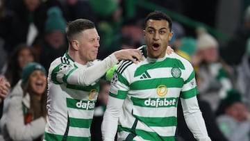 Soccer Football - Champions League - Celtic v BSC Young Boys - Celtic Park, Glasgow, Scotland, Britain - January 22, 2025 Celtic's Adam Idah and Callum McGregor celebrate their first goal, an own goal scored by BSC Young Boys' Loris Benito REUTERS/Russell Cheyne