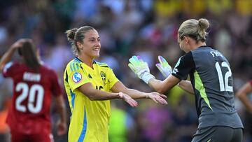 Soccer Football - Women's Euro 2025 - Group C - Denmark v Sweden - Stade de Geneve, Geneva, Switzerland - July 4, 2025 Sweden's Filippa Angeldahl and Jennifer Falk celebrate after the match REUTERS/Annegret Hilse