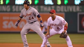 ANAHEIM, CA - MAY 29: Miguel Cabrera #24 of the Detroit Tigers leads off while Albert Pujols #5 of the Los Angeles Angels of Anaheim plays first base during the seventh inning of the game at Angel Stadium of Anaheim on May 29, 2015 in Anaheim, California. (Photo by Matt Brown/Angels Baseball LP/Getty Images)