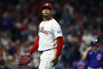 PHILADELPHIA, PENNSYLVANIA - SEPTEMBER 24: Taijuan Walker #99 of the Philadelphia Phillies looks on during the second inning against the Chicago Cubs at Citizens Bank Park on September 24, 2024 in Philadelphia, Pennsylvania.   Tim Nwachukwu/Getty Images/AFP (Photo by Tim Nwachukwu / GETTY IMAGES NORTH AMERICA / Getty Images via AFP)