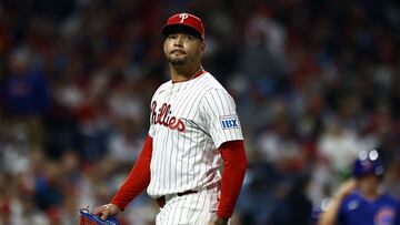 PHILADELPHIA, PENNSYLVANIA - SEPTEMBER 24: Taijuan Walker #99 of the Philadelphia Phillies looks on during the second inning against the Chicago Cubs at Citizens Bank Park on September 24, 2024 in Philadelphia, Pennsylvania.   Tim Nwachukwu/Getty Images/AFP (Photo by Tim Nwachukwu / GETTY IMAGES NORTH AMERICA / Getty Images via AFP)