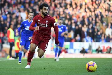 Liverpool's Mohamed Salah in action against Cardiff at Anfield.