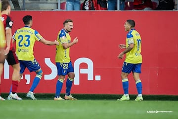 Brian Ocampo y Ontiveros celebrando el segundo tanto del Marbellí frente al Mirandés. Foto: LaLiga.