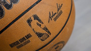 Apr 11, 2025; Dallas, Texas, USA; A view of an NBA basketball and the NBA logo before the game between the Dallas Mavericks and the Toronto Raptors at the American Airlines Center. Mandatory Credit: Jerome Miron-Imagn Images