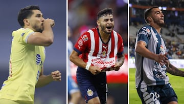 Henry Martín (izq), Alexis Vega (centro), Luis Chávez (der), festejan un gol con sus equipos.