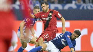 Schalke&#039;s Leon Goretzka, right, and Leverkusen&#039;s Kevin Volland challenge for the ball during the German Bundesliga soccer match between FC Schalke 04 and Bayer Leverkusen at the Arena in Gelsenkirchen, Germany, Friday, Sept. 29, 2017. (AP Photo/