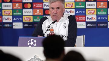 Real Madrid's coach Carlo Ancelotti answers to journalists during a press conference at Valdebebas Sport City in Madrid on November 7, 2023 on the eve of the UEFA Champions League group C football match between Real Madrid CF and SC Braga. (Photo by Thomas COEX / AFP)