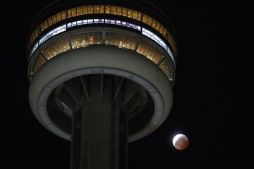 Se observa una luna llena detr¨¢s de la Torre CN durante un eclipse lunar de "Luna de Sangre" en Toronto, Ontario, Canad¨¢.