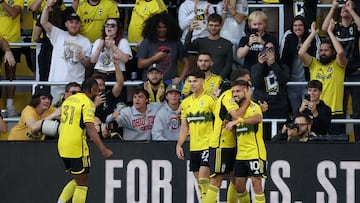 COLUMBUS, OHIO - AUGUST 21: Diego Rossi #10 of the Columbus Crew celebrates his goal in the first half of the semifinals of the Leagues Cup against the Philadelphia Union at Lower.com Field on August 21, 2024 in Columbus, Ohio. Kirk Irwin/Getty Images/AFP (Photo by Kirk Irwin / GETTY IMAGES NORTH AMERICA / Getty Images via AFP)