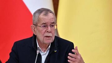 Austrian President Alexander Van der Bellen gestures during a joint press conference with his Ukrainian counterpart following their talks in Kyiv on February 1, 2023. (Photo by Sergei SUPINSKY / AFP) (Photo by SERGEI SUPINSKY/AFP via Getty Images)