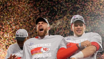 Jan 29, 2023; Kansas City, Missouri, USA; Kansas City Chiefs tight end Travis Kelce (left) and Kansas City Chiefs quarterback Patrick Mahomes (15) celebrate after winning the AFC Championship game at GEHA Field against the Cincinnati Bengals at Arrowhead Stadium. Mandatory Credit: Jay Biggerstaff-USA TODAY Sports