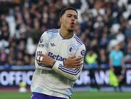 Soccer Football - Premier League - West Ham United v Aston Villa - London Stadium, London, Britain - December 14, 2025 Aston Villa's Morgan Rogers celebrates scoring their second goal Action Images via Reuters/Paul Childs EDITORIAL USE ONLY. NO USE WITH UNAUTHORIZED AUDIO, VIDEO, DATA, FIXTURE LISTS, CLUB/LEAGUE LOGOS OR 'LIVE' SERVICES. ONLINE IN-MATCH USE LIMITED TO 120 IMAGES, NO VIDEO EMULATION. NO USE IN BETTING, GAMES OR SINGLE CLUB/LEAGUE/PLAYER PUBLICATIONS. PLEASE CONTACT YOUR ACCOUNT REPRESENTATIVE FOR FURTHER DETAILS..