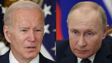 (COMBO) This combination of pictures created on December 6, 2021 shows US President Joe Biden during a signing ceremony at the White House in Washington, DC on November 18, 2021 and Russian President Vladimir Putin in a congress of the United Russia party