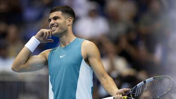 SAN JUAN, PUERTO RICO - MARCH 2: Carlos Alcaraz of Spain reacts during an exhibition match against Frances Tiafoe of the United States at Coliseo de Puerto Rico on March 2, 2025 in San Juan, Puerto Rico. Ricardo Arduengo/Getty Images/AFP (Photo by Ricardo Arduengo / GETTY IMAGES NORTH AMERICA / Getty Images via AFP)