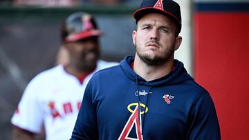 ANAHEIM, CALIFORNIA - AUGUST 01: Mike Trout #27 of the Los Angeles Angels looks on from the dugout during the first inning against the Colorado Rockies at Angel Stadium of Anaheim on August 01, 2024 in Anaheim, California. Orlando Ramirez/Getty Images/AFP (Photo by Orlando Ramirez / GETTY IMAGES NORTH AMERICA / Getty Images via AFP)