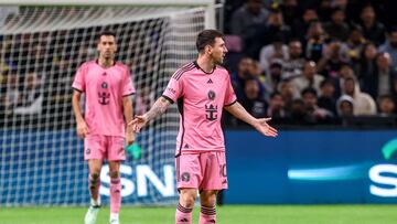 Inter Miami's Argentine forward #10 Lionel Messi reacts during the friendly football match between Saudi Arabia's al-Nassr FC and the US Inter Miami CF at the Kingdom Arena Stadium in Riyadh on February 1, 2024. (Photo by Fayez NURELDINE / AFP)