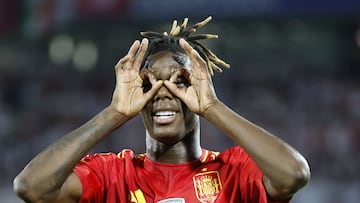 Cologne (Germany), 30/06/2024.- Nico Williams of Spain celebrates after scoring the 3-1 goal during the UEFA EURO 2024 Round of 16 soccer match between Spain and Georgia, in Cologne, Germany, 30 June 2024. (Alemania, España, Colonia) EFE/EPA/ROBERT GHEMENT
