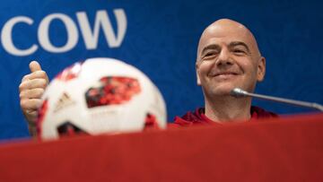 FIFA President Gianni Infantino gestures to photographers during a news conference during the 2018 soccer World Cup at the Luzhniki stadium in Moscow, Russia, Friday, July 13, 2018. (AP Photo/Francisco Seco)