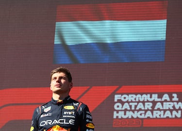 Alegría del piloto neerlandés tras proclamarse campeón del Gran Premio de Hungría de Fórmula 1.