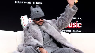 SAN FRANCISCO, CALIFORNIA - FEBRUARY 05: Bad Bunny speaks onstage during the Super Bowl LX Pregame & Apple Music Super Bowl LX Halftime Show Press Conference at Moscone Center West on February 05, 2026 in San Francisco, California. Mike Coppola/Getty Images/AFP (Photo by Mike Coppola / GETTY IMAGES NORTH AMERICA / Getty Images via AFP)
