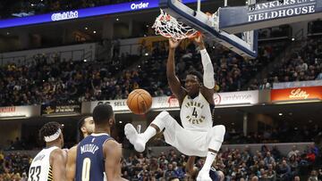 Dec 10, 2017; Indianapolis, IN, USA; Indiana Pacers guard Victor Oladipo (4) dunks against the Denver Nuggets during the 3rd quarter at Bankers Life Fieldhouse. Mandatory Credit: Brian Spurlock-USA TODAY Sports