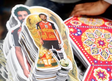 Decorative stickers bearing the image of Liverpool's Egyptian forward soccer player Mohamed Salah,