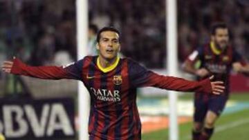 El delantero del Barcelona Pedro Rodríguez celebra su gol.
