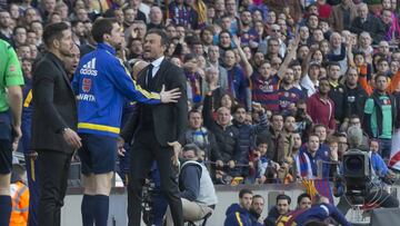 Barça coach Luis Enrique angrily confronts the fourth official in the wake of Filipe Luis' tackle on Leo Messi, which earned the Brazilian a red card.
