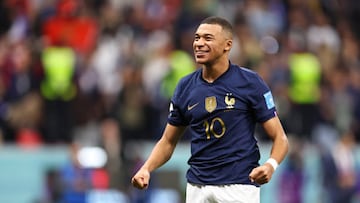 AL KHOR, QATAR - DECEMBER 10: Kylian Mbappe of France celebrates during the FIFA World Cup Qatar 2022 quarter final match between England and France at Al Bayt Stadium on December 10, 2022 in Al Khor, Qatar. (Photo by Robbie Jay Barratt - AMA/Getty Images)