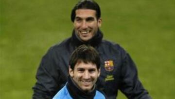 Messi y Pinto en el entrenamiento del FC Barcelona.