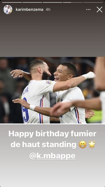Karim Benzema, jugador del Real Madrid, felicita a Kylian Mbappé, jugador del Paris Saint-Germain, por el cumpleaños del futbolista parisino.