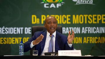 Newly elected President of the Confederation of African Football (CAF) Patrice Motsepe conducts a press conference in Johannesburg on March 16, 2021, following his recent election. (Photo by Phill Magakoe / AFP)