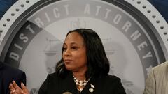 Fulton County District Attorney Fani Willis speaks to the media after a Grand Jury brought back indictments against former president Donald Trump and 18 of his allies in their attempt to overturn the state's 2020 election results, in Atlanta, Georgia, U.S. August 14, 2023. REUTERS/Elijah Nouvelage