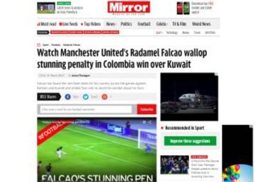 The Mirror: &quot;Mire el deslumbrante golpazo de penal de Radamel Falcao en la victoria de Colombia sobre Kuwait&quot;.