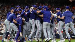 HOUSTON, TEXAS - OCTOBER 23: The Texas Rangers celebrate after defeating the Houston Astros in Game Seven to win the American League Championship Series at Minute Maid Park on October 23, 2023 in Houston, Texas.   Bob Levey/Getty Images/AFP (Photo by Bob Levey / GETTY IMAGES NORTH AMERICA / Getty Images via AFP)