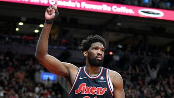 Apr 28, 2022; Toronto, Ontario, CAN;  Philadelphia 76ers center Joel Embiid (21) gestures after a scoring play against the Toronto Raptors in the second half during game six of the first round for the 2022 NBA playoffs at Scotiabank Arena. Mandatory Credit: Dan Hamilton-USA TODAY Sports