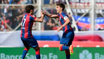 BUENOS AIRES, ARGENTINA - AUGUST 27: Federico Gattoni (R) of San Lorenzo celebrates with teammate Agustin Giay after scoring his team's first goal  during a match between San Lorenzo and Rosario Central as part of Liga Profesional 2022 at Pedro Bidegain Stadium on August 27, 2022 in Buenos Aires, Argentina. (Photo by Gustavo Garello/Jam Media/Getty Images)