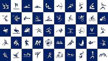Pictogramas de los deportes de los Juegos Olímpicos de Tokio 2020. Incluidos skate, surf, escalada y bmx freestyle.