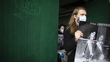 NEW YORK, NY - MARCH 06: People march Honoring International Womens day on March 6, 2021 in New York City. International Womens Day is celebrated on March 8 worldwide. highlighting the social, economic, cultural, and political achievements of women also s