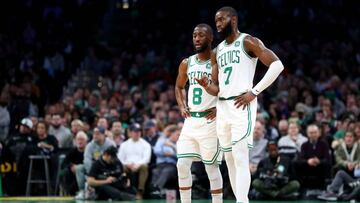 BOSTON, MASSACHUSETTS - DECEMBER 04: Kemba Walker #8 of the Boston Celtics talks with Jaylen Brown #7 during the second half of the game between the Boston Celtics and the Miami Heat at TD Garden on December 04, 2019 in Boston, Massachusetts. The Celtics defeat the Heat 112-93.   Maddie Meyer/Getty Images/AFP
 == FOR NEWSPAPERS, INTERNET, TELCOS &amp; TELEVISION USE ONLY ==